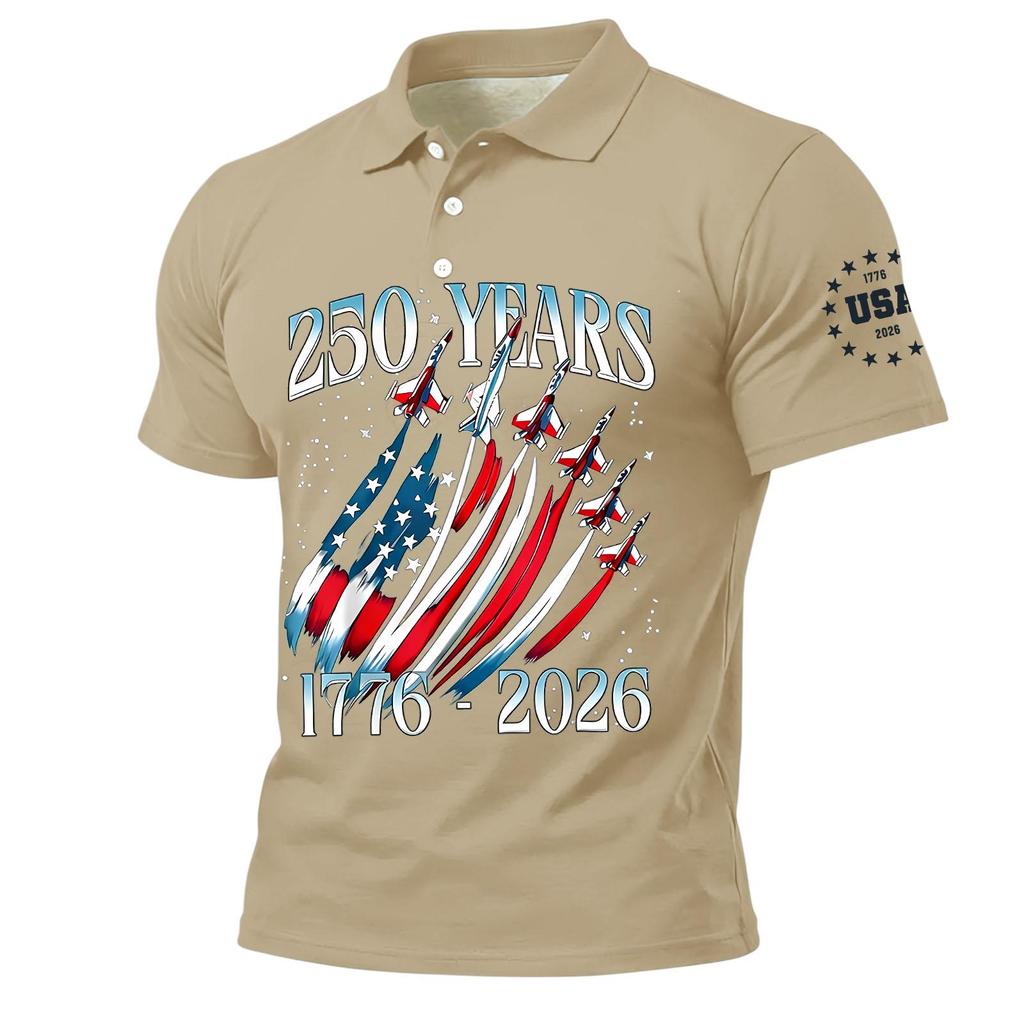 Men's Polo Shirt Short Sleeve 250 Years 1776 2026 Printed USA Flag Aircraft Graphic Casual Top