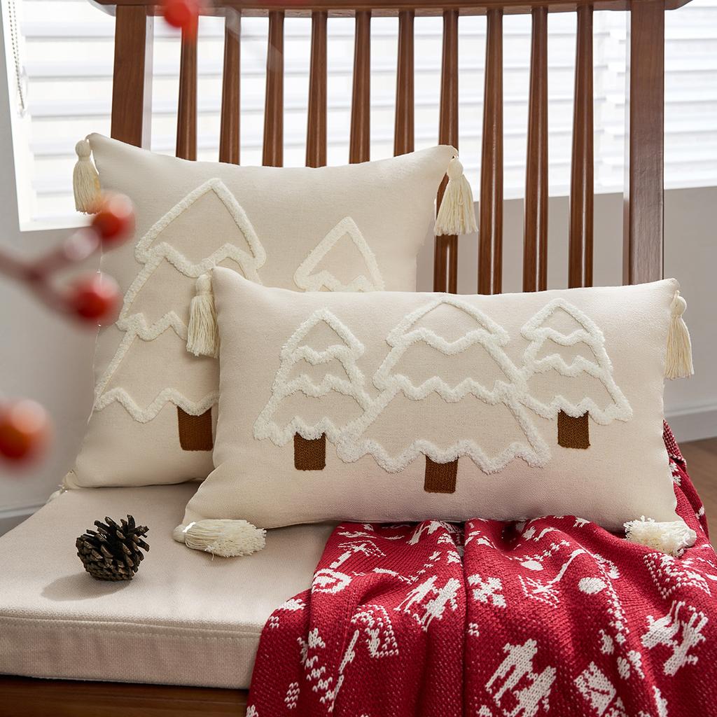 Canvas Embroidered Christmas Pillow Cover Christmas Tree Cushion Tassel Sofa Decoration