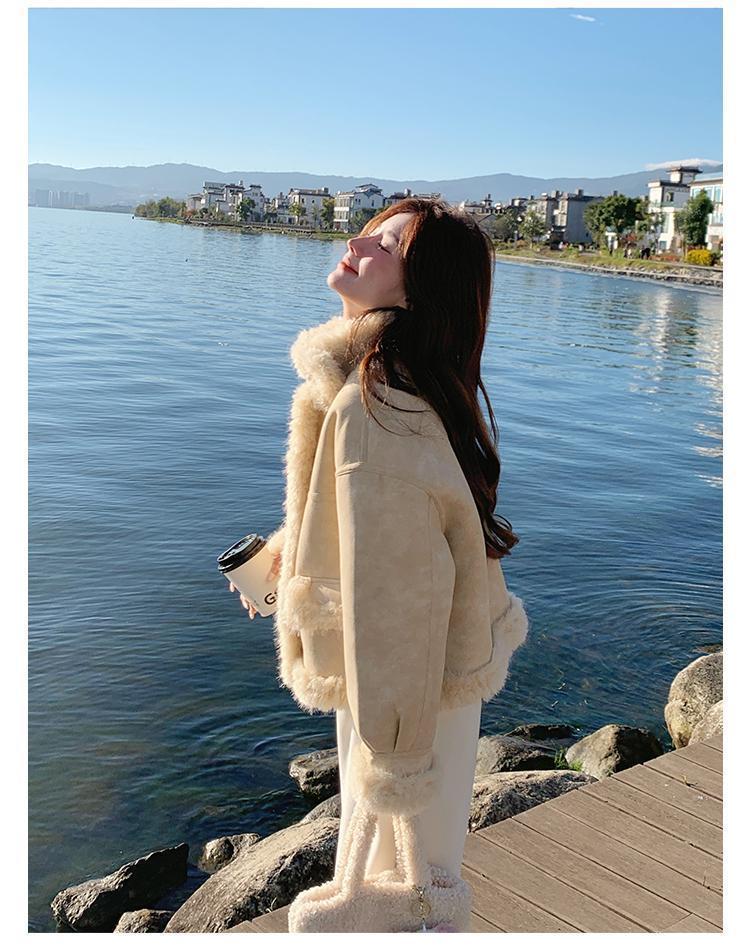 Korean Style Yellow Fur Coat: Women's Soft Petite Leather & Fur Cotton Winter Jacket
