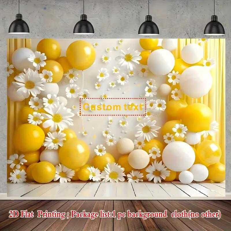 Personalized Text Daisy and Balloon Birthday Backdrop Yellow Floral Party Background Banner