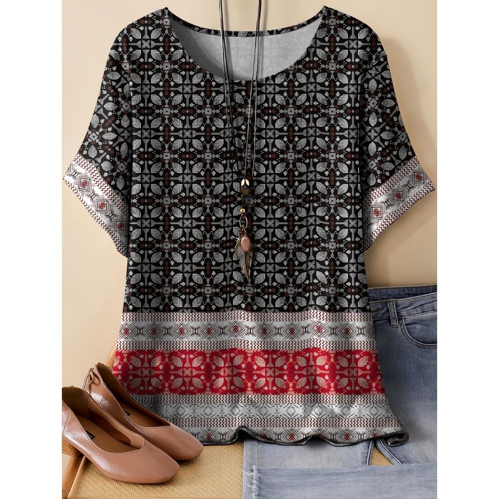 Vintage Paisley Graphics Women's Short Sleeve T-Shirt Ethnic Style O-Neck 3D Printed Top Tees Summer Loose Women's Clothing