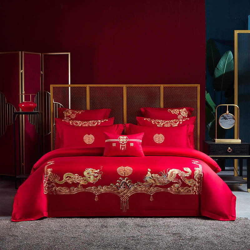 Vierteiliges Set mit Hochzeitsstickerei, rote Hochzeitsbettwäsche, Hochzeitsbettbezug, Bettwäsche, Bettwäsche für das Brautpaar, sechsteiliges Set für das Hochzeitsbett