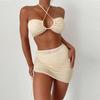European And American Solid Color New Neck Sexy Swimsuit Skirt Three-Piece Split Bikini Swimsuit Russia
