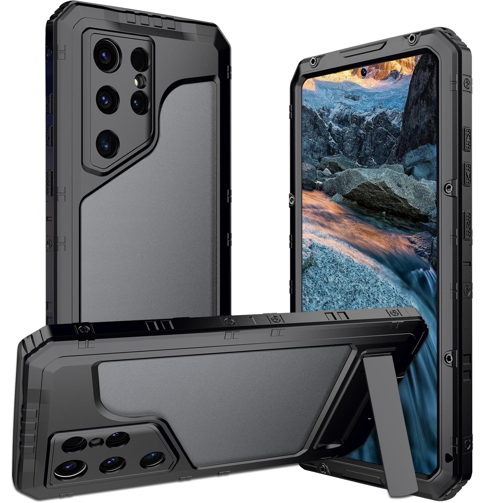 

Чехол для Samsung Galaxy S24 Ultra Силикон+Алюминиевый сплав Подставка Водонепроницаемый чехол IP68 с защитной пленкой для экрана Black