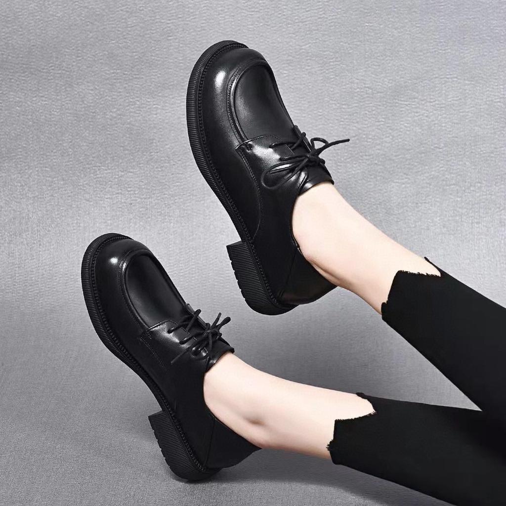 Women's single shoes flat-soled small leather shoes spring new round head first layer cowhide lace-up comfortable low-top shoes