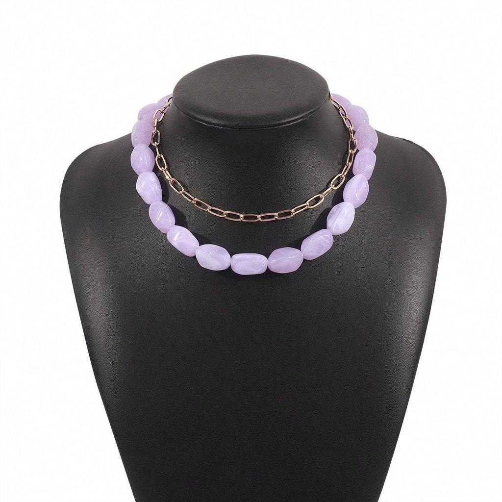 2pcs/Set Summer Creative Geometric Layered Colorful Resin Chain Necklace Set, Suitable For Daily Wear
