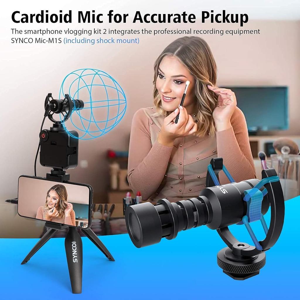 Smartphone-Camera-Video-Microphone-Vlogging-Kit, SYNCO Vlogger Kit 2 Shotgun Microphone with LED Light, Mini Tripod, Mini Ball Head, Phone Holder for