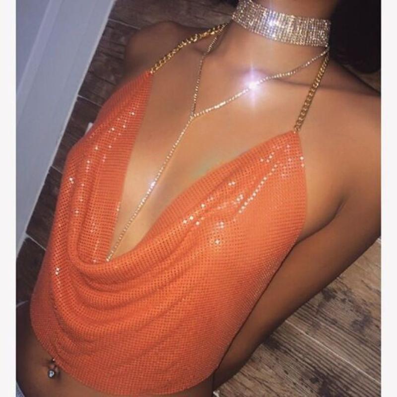 Shining Sequins, Bright Diamonds, Nightclub Style, Sexy, Metal Chain, Neck Hanging V-neck, Backless Top, Tank Top, Sexy Look