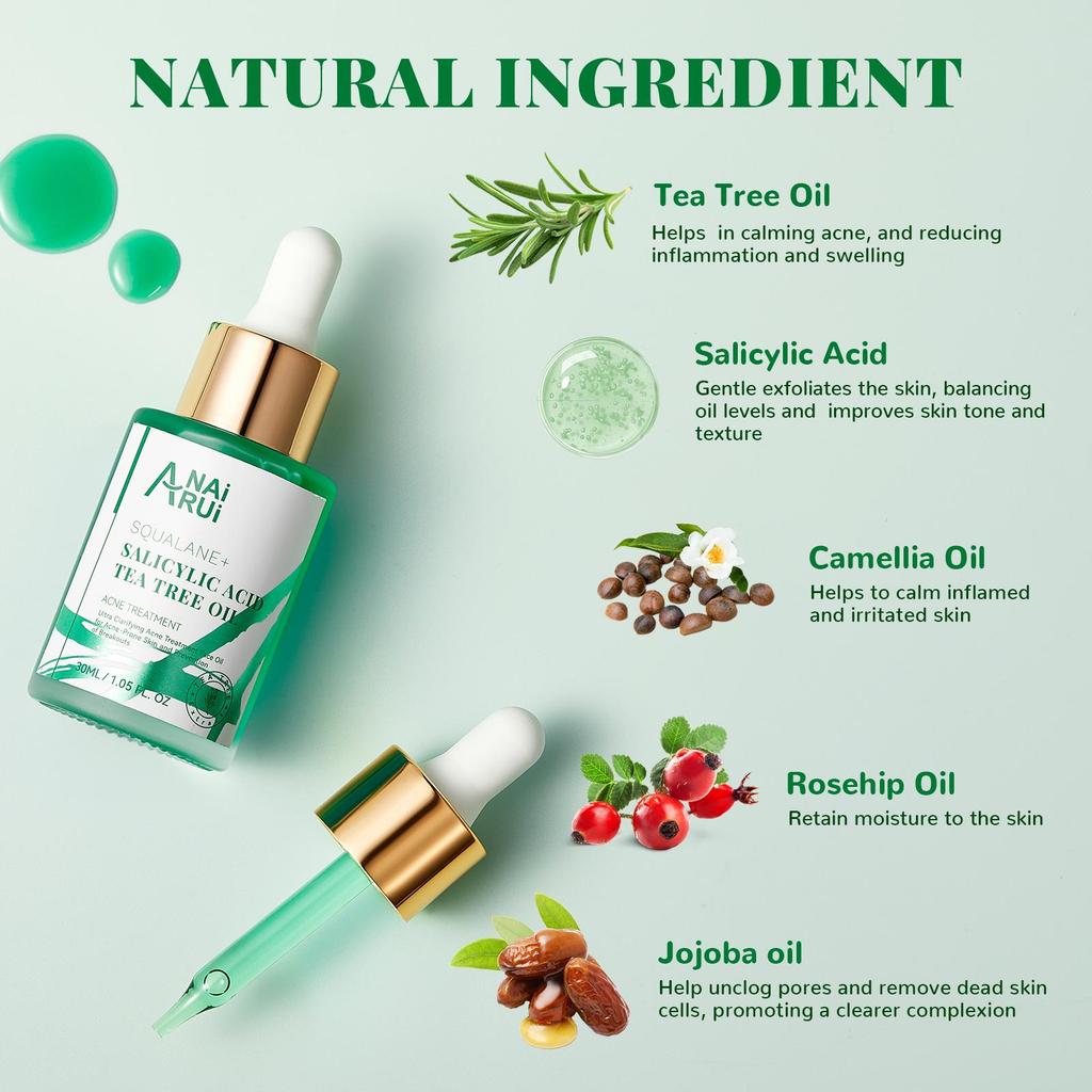 ANAiRUi 1.5% Salicylic Acid Tea Tree Face Oil, Soothing Purifying Facial Oil for Acne Prone Skin 30ml
