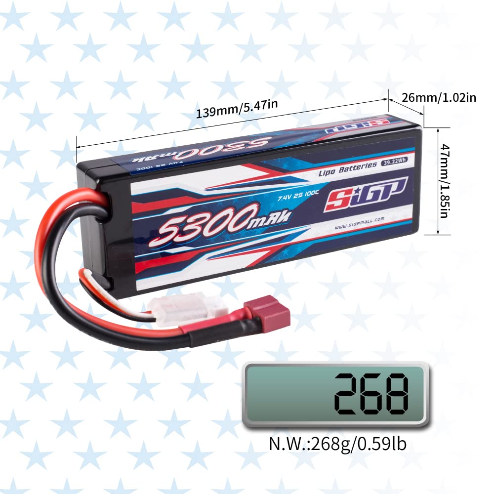 SIGP 2S 7.4V 5300mAh LiPo 100C T-Plug Hard Pack for RC Drones, Helicopters, Trucks, Truggys, FPV Racing, Two Packs