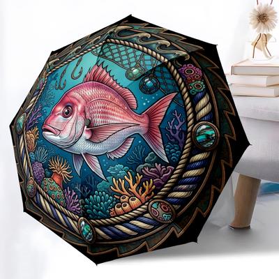 Underwater Marine Emblem Pattern Umbrella, Portable and Foldable Design, 8 Ribs, a Casual Accessory for Halloween, Christmas, and Birthday Gifts.