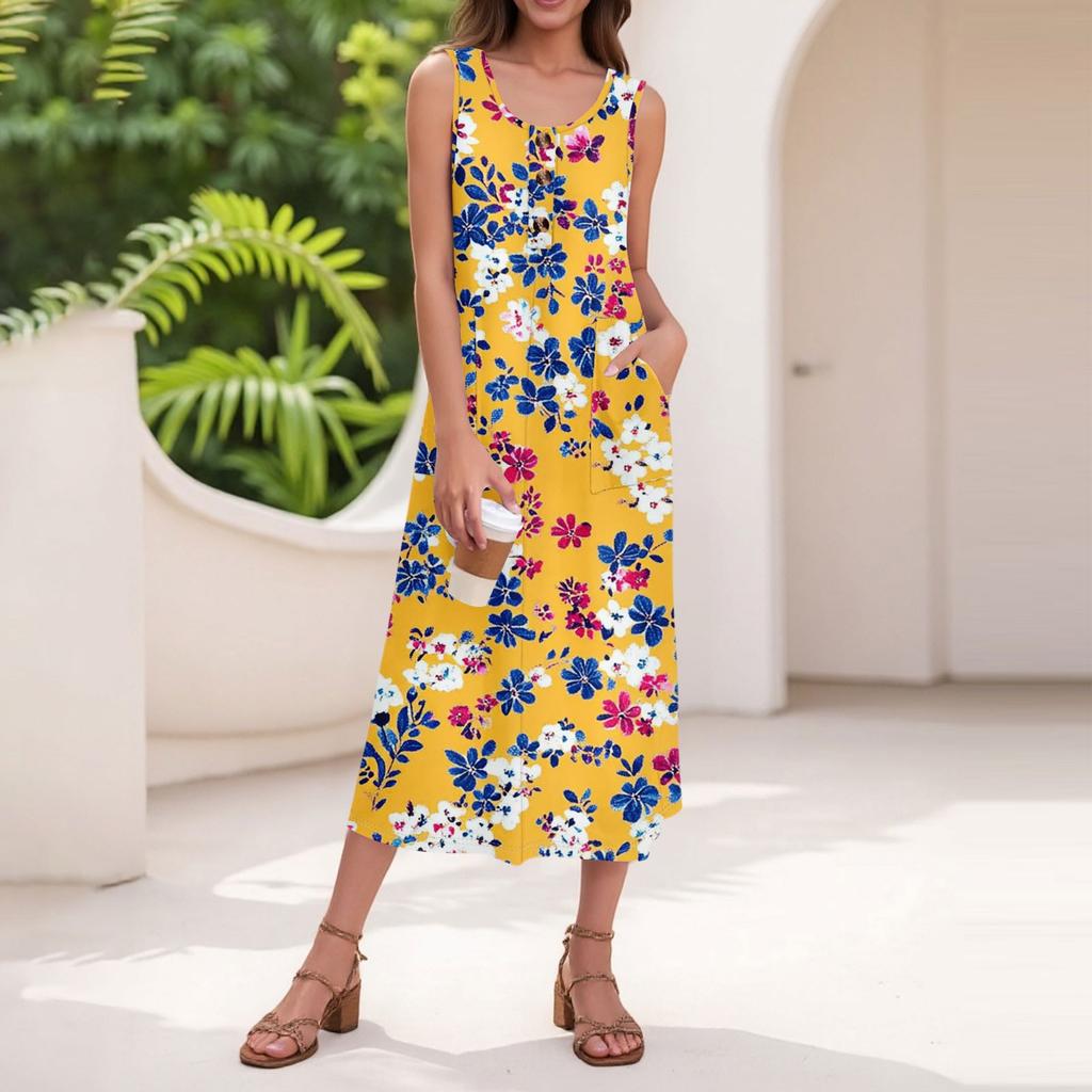 Women's Summer Casual Fashion Floral Print Sleeveless Button Casual Long Dress