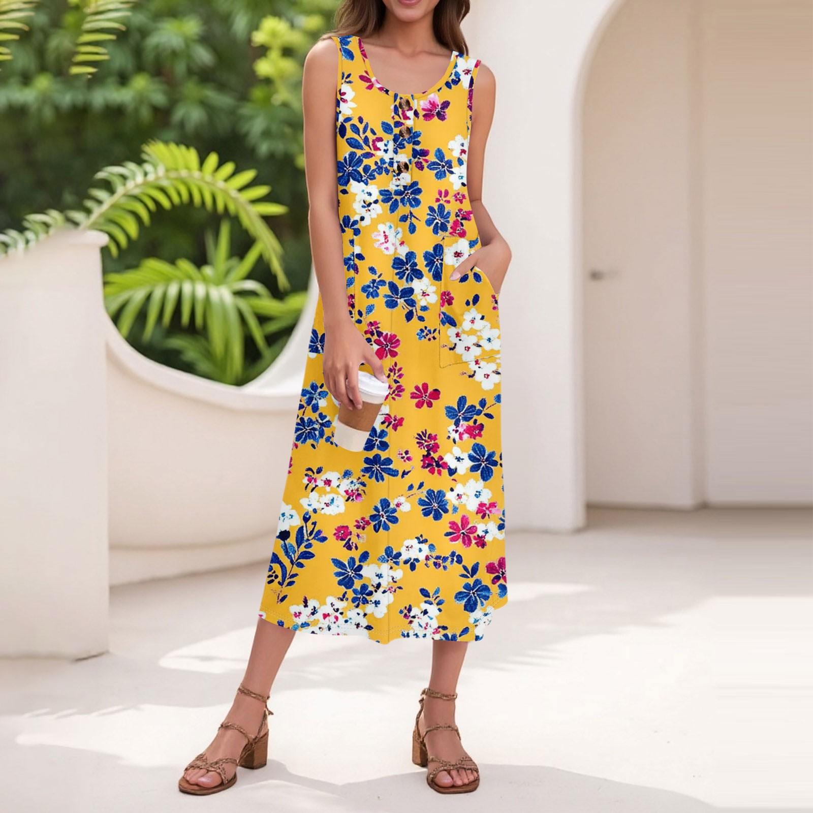 

Женское летнее повседневное модное платье с цветочным принтом без рукавов и пуговицами XL жёлтый