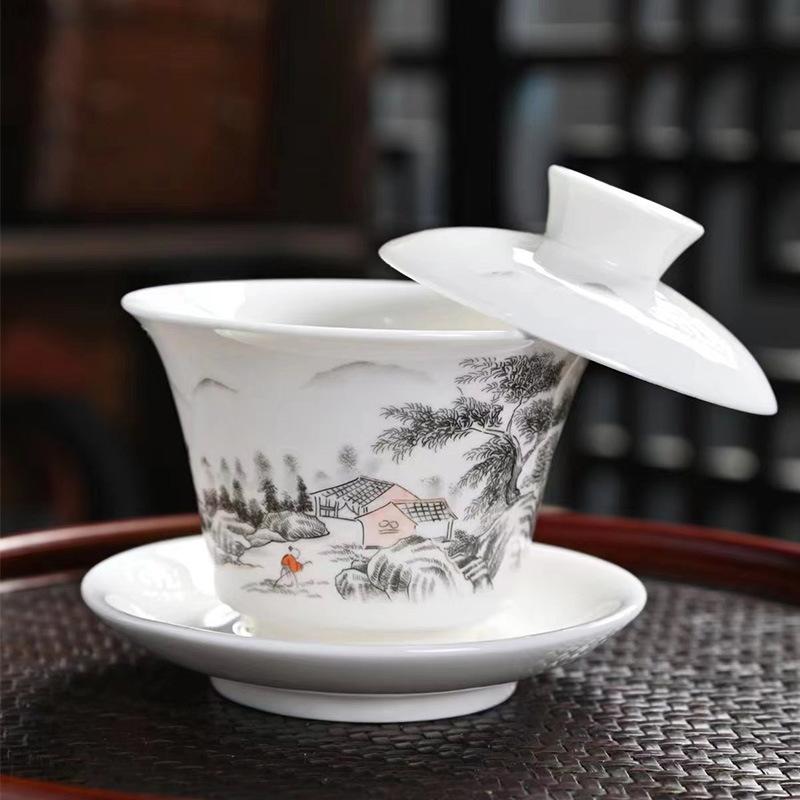 New Ice-White Filament Silver Dragon Hovering Sancai Cover Bowl Kung Fu Tea Set Home Office Light Luxury High-End Tea Cup