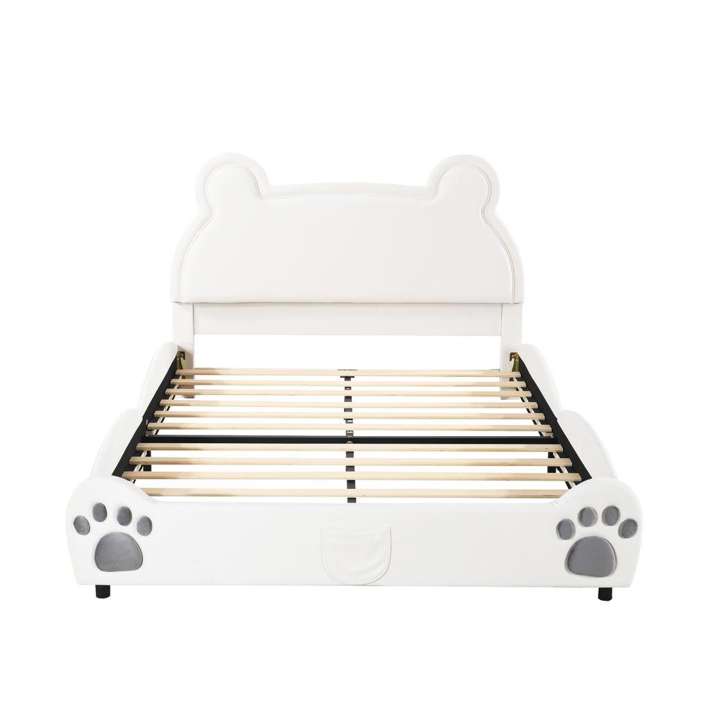 Upholstered Bed Beautiful Children's Bed, 140 x 200 cm, Bear Shape. Single Bed made of Skin-Friendly Velour, White