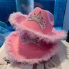 Cowgirl Hat Rhinestone Crown Decor Furry Ripped Edge Windproof Chin Rope Large Brim Sun Protection Retro Western Style