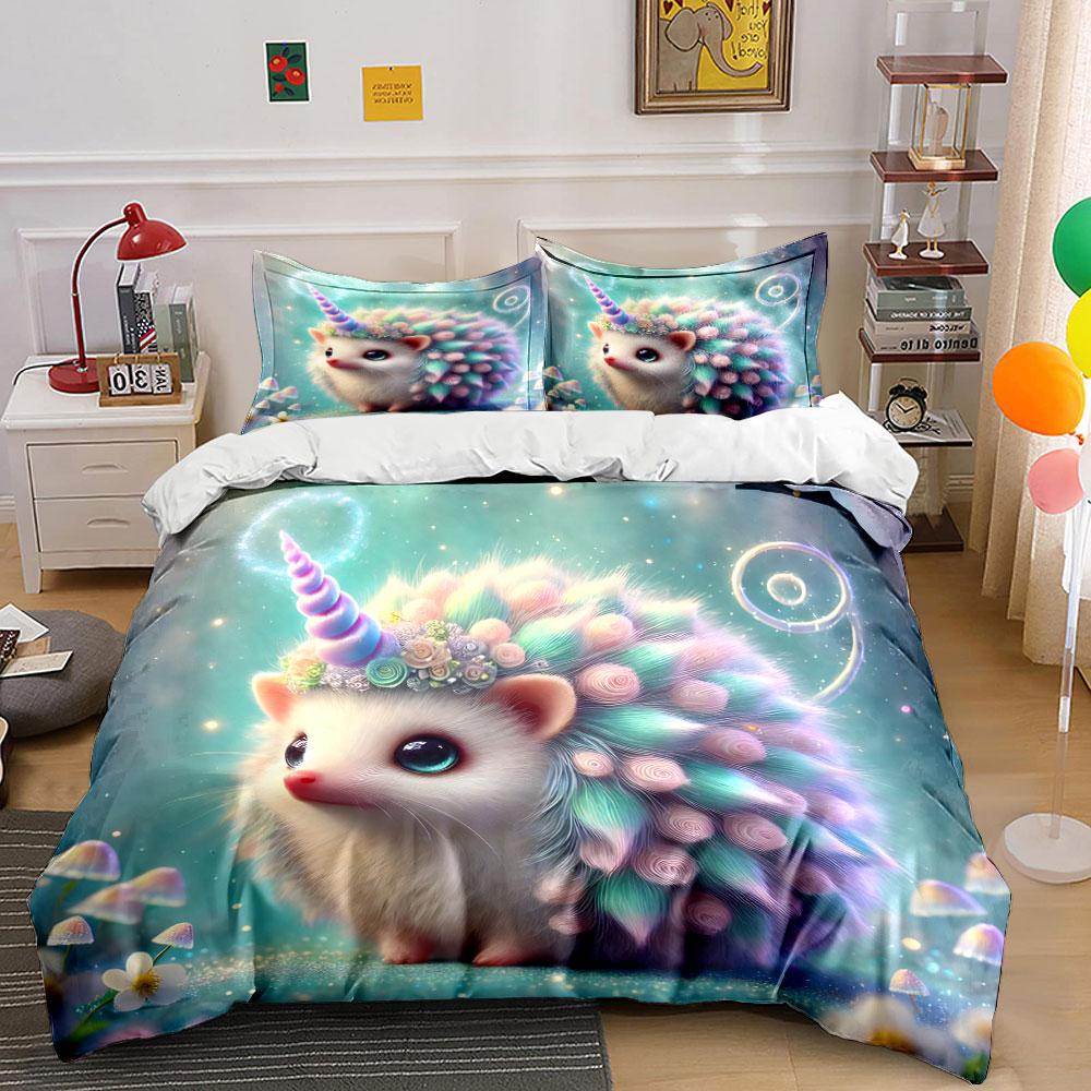 Magical Hedgehog Unicorn Fantasy Set Exquisite Three-Piece Bedding Set Gift For Kids And Adults