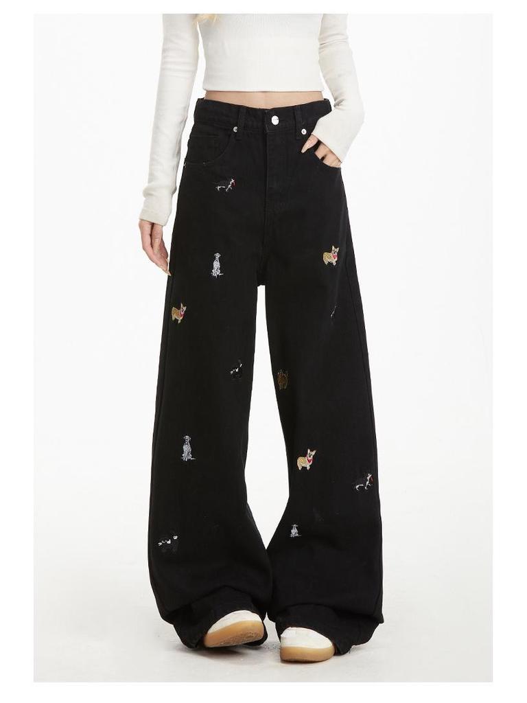 2025 Summer Women's High Waist Embroidered Overalls - European Street Style Punk Wide-Leg Pants
