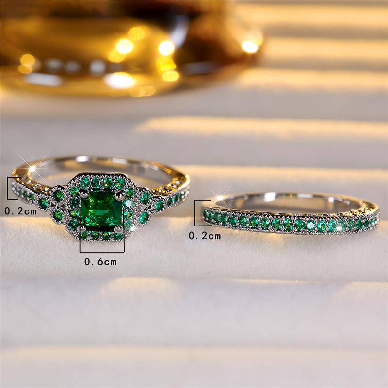 Luxury Female Green Zircon Stone Engagement Ring Set Cute Silver Color Wedding Jewelry For Women
