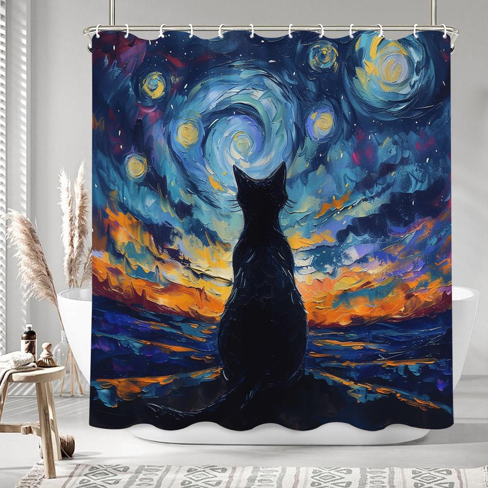 Schwarze Katze Ölmalerei Kunstwerk Duschvorhang Bohemian Sandfarben Bunt Bemalt Polyester Badezimmer Vorhänge Badezimmer Dekor mit Haken