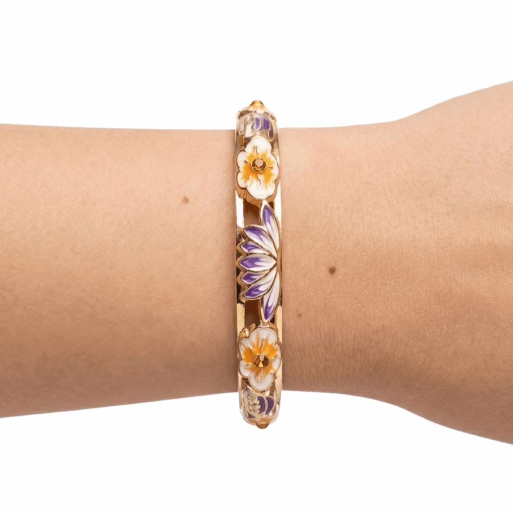 Gold Plated Enamel Floral Bangle Elegant Lotus Floral Open Cuff Bracelet Cloisonne Bangle Ladies