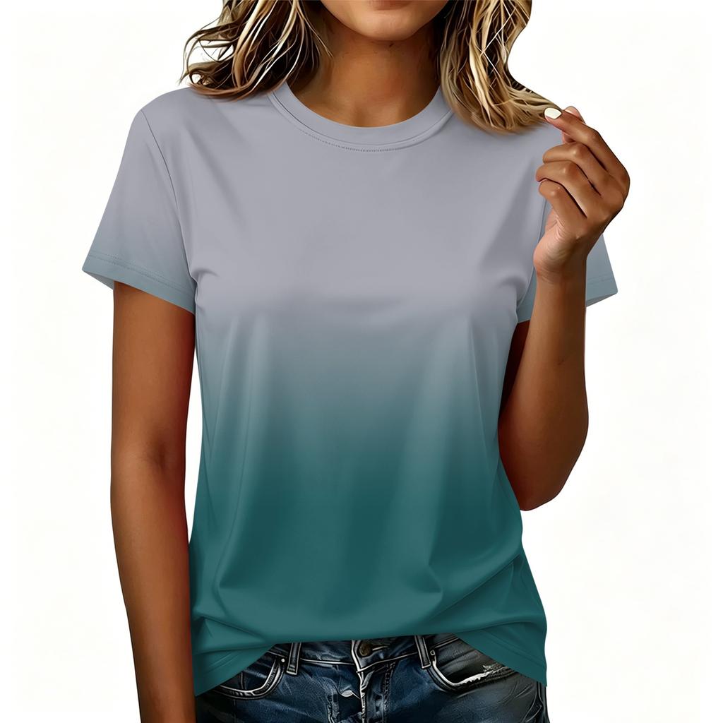 Women's Casual Pullover Short Sleeve T Shirt Gradient Color Crew Neck Top Lightweight Soft Fabric Summer Basic Tee