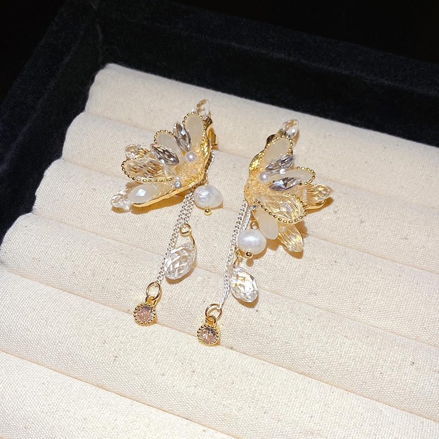Silver Needle Diamond Glass Butterfly Tassel Earrings French Retro Versatile Exquisite Earrings Light Luxury Premium Earrings Women