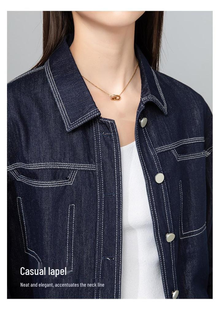 Xin Ge Women's Retro Washed Denim Jacket - Spring Arrival featuring Color Blocking, Contrast Stitching, and Loose Fit Lapel Design.