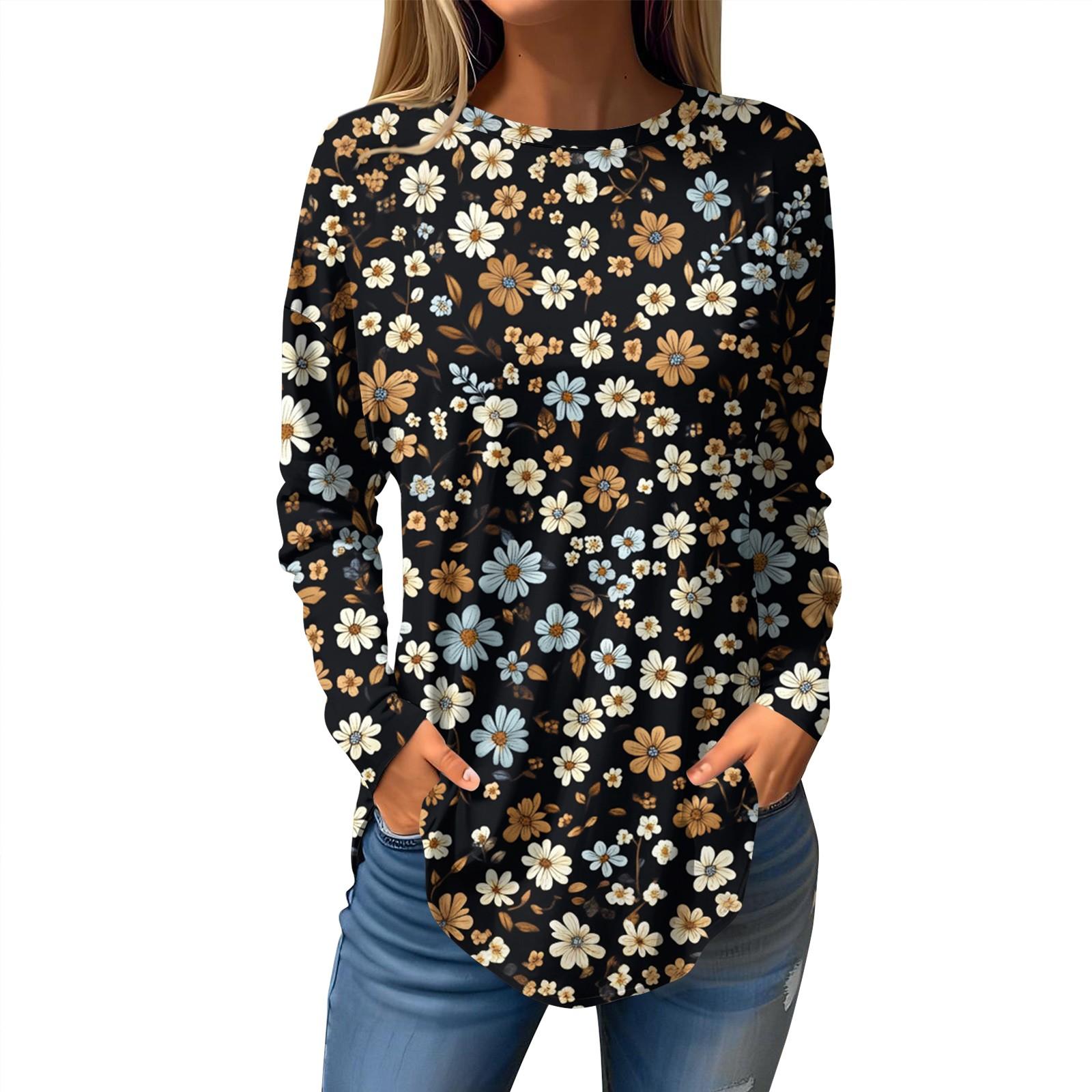 

Женская свободная повседневная футболка с принтом, круглым вырезом и длинными рукавами, пуловер, толстовка с длинными рукавами XL чёрный