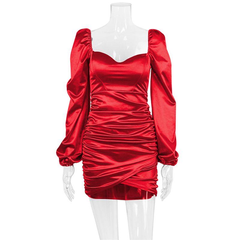 

Европейское и американское сексуальное платье-футляр с длинным рукавом, облегающее фигуру, из атласа, с короткой юбкой, сексуальное мини-платье в обтяжку Red L