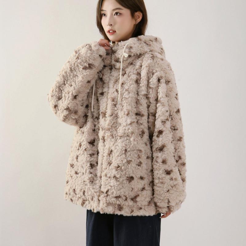 Cozy Faux Rabbit Fur Hooded Jacket Vintage Spots Fluffy Winter Coat Warm Thickened Premium Outerwear