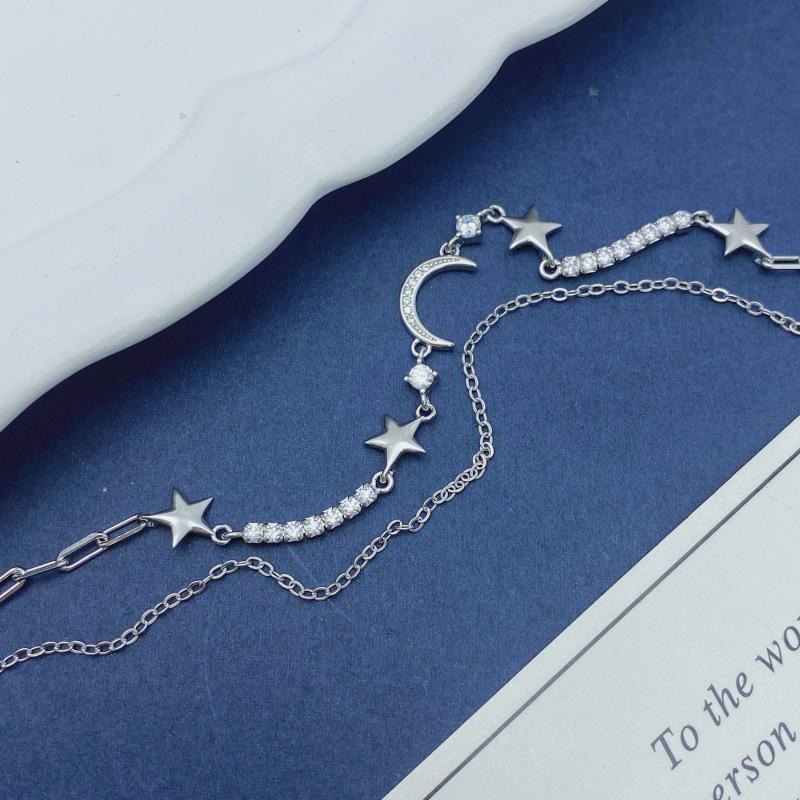 S925 Sterling Silver Star & Moon Double Layer Bracelet - Elegant, High-End Gift for Women