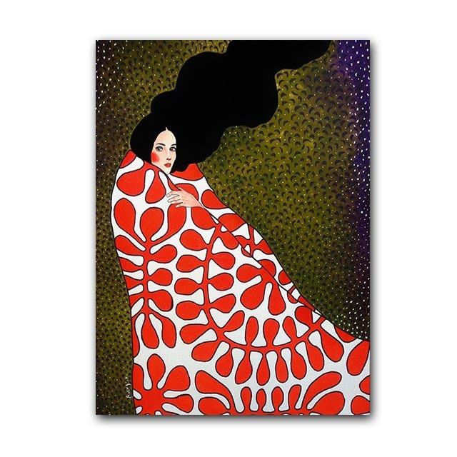 Abstrakcyjna dziewczyna z kwiatami Kolorowe długie włosy Plakat skandynawski Kobieta Malarka na płótnie ściennym