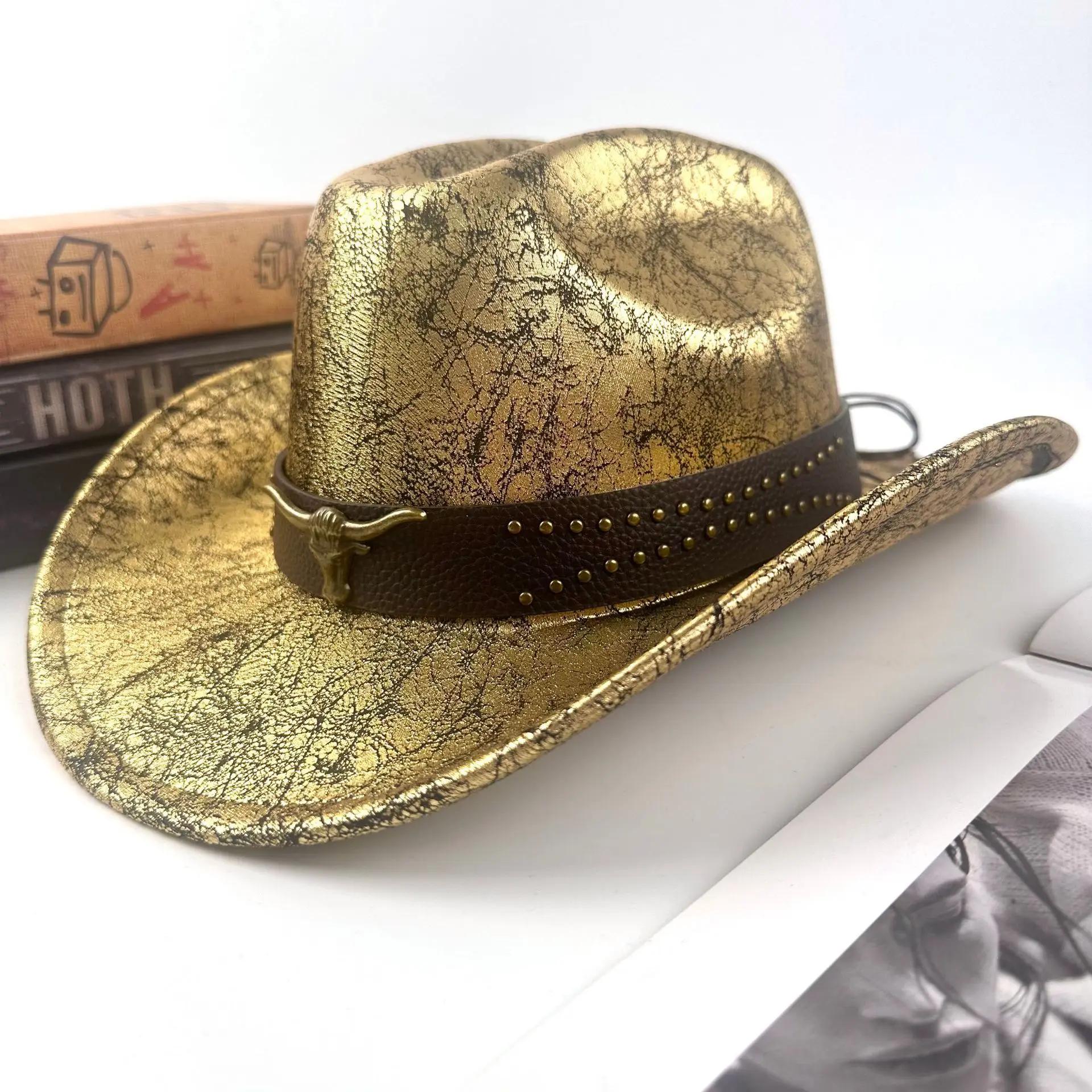 

Distressed Leather Cowboy Hat - Vintage Western Fedora with Ethnic Style, Unisex Boho Chic Hat 56-58cm золотой
