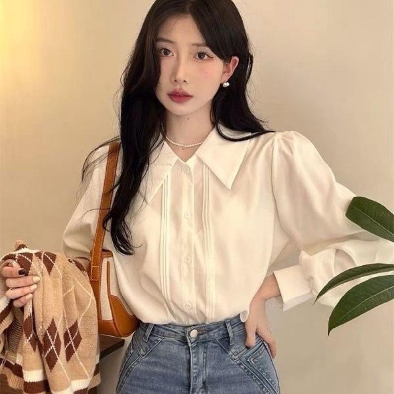 Doll Collar White Shirt, New Layering Inside Out, Organ Pleat Blouse Design Chic Long Sleeve Ladies Shirt