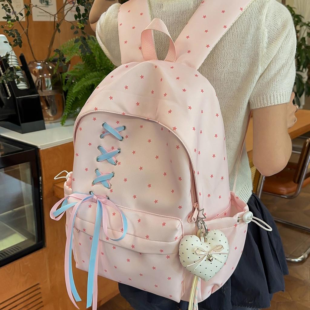 Schoolbag Star Bow Rope Backpack Women's Commuter Casual Large Capacity School Bag Lightweight Trend Versatile Fashion Backpack