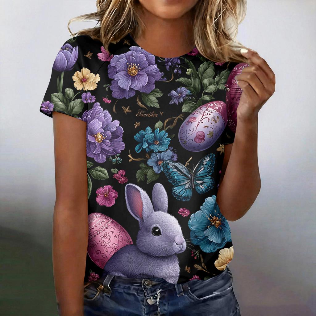 Women's Fashionable Casual Short-Sleeved Raglan Sleeve Easter Print T-Shirt Top