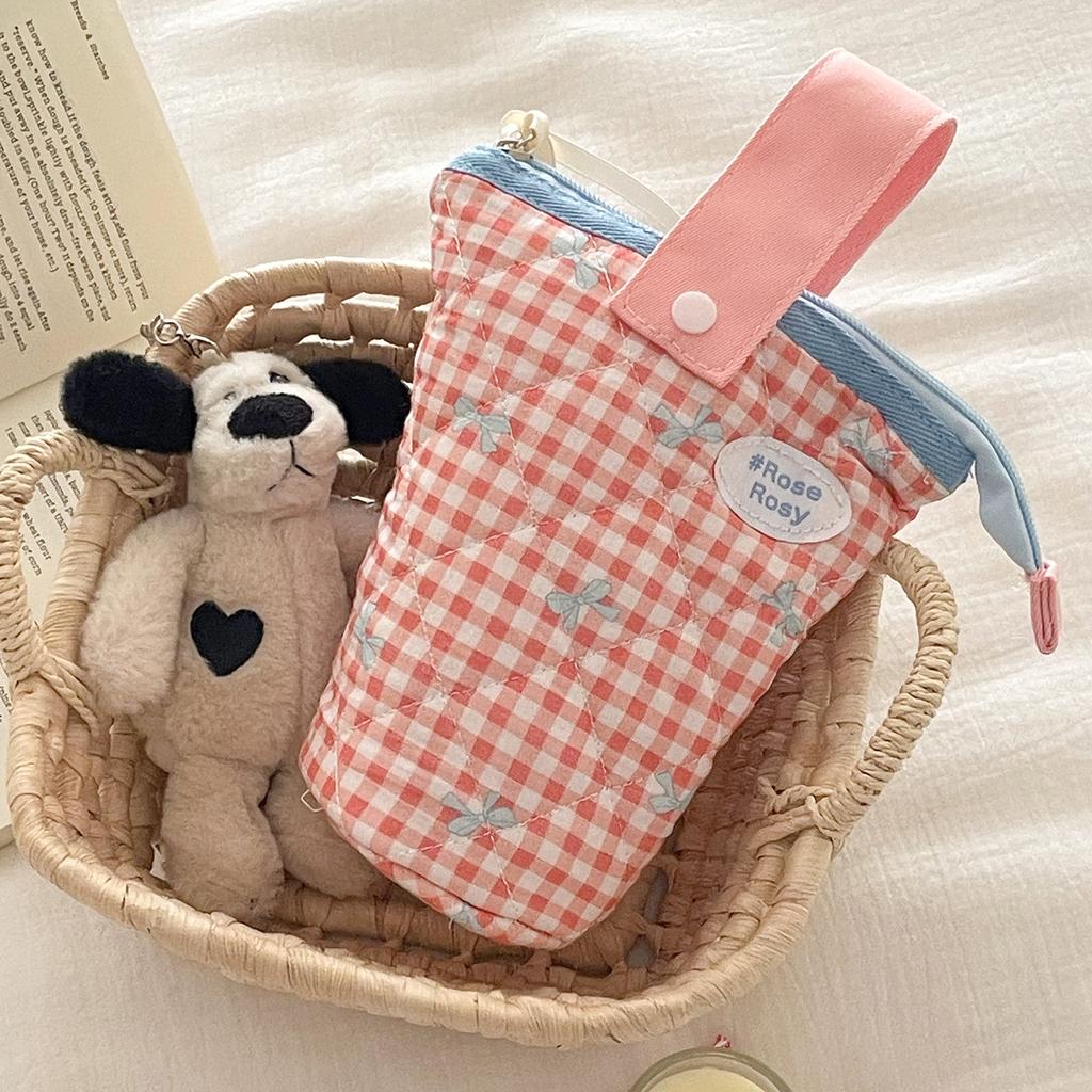 Karierte Schleife Federmäppchen für Damen Kontrastfarbe Lässige Tasche für Schülerinnen Kosmetiktasche Tragbare Aufbewahrungstasche für Damen Reise Clutch