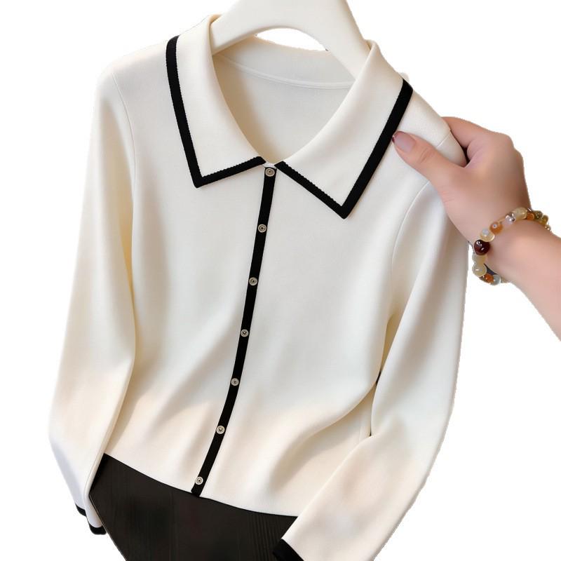 2026 Women's Color Block Long Sleeve Lapel Sweater - Fresh Spring/Autumn Knitwear