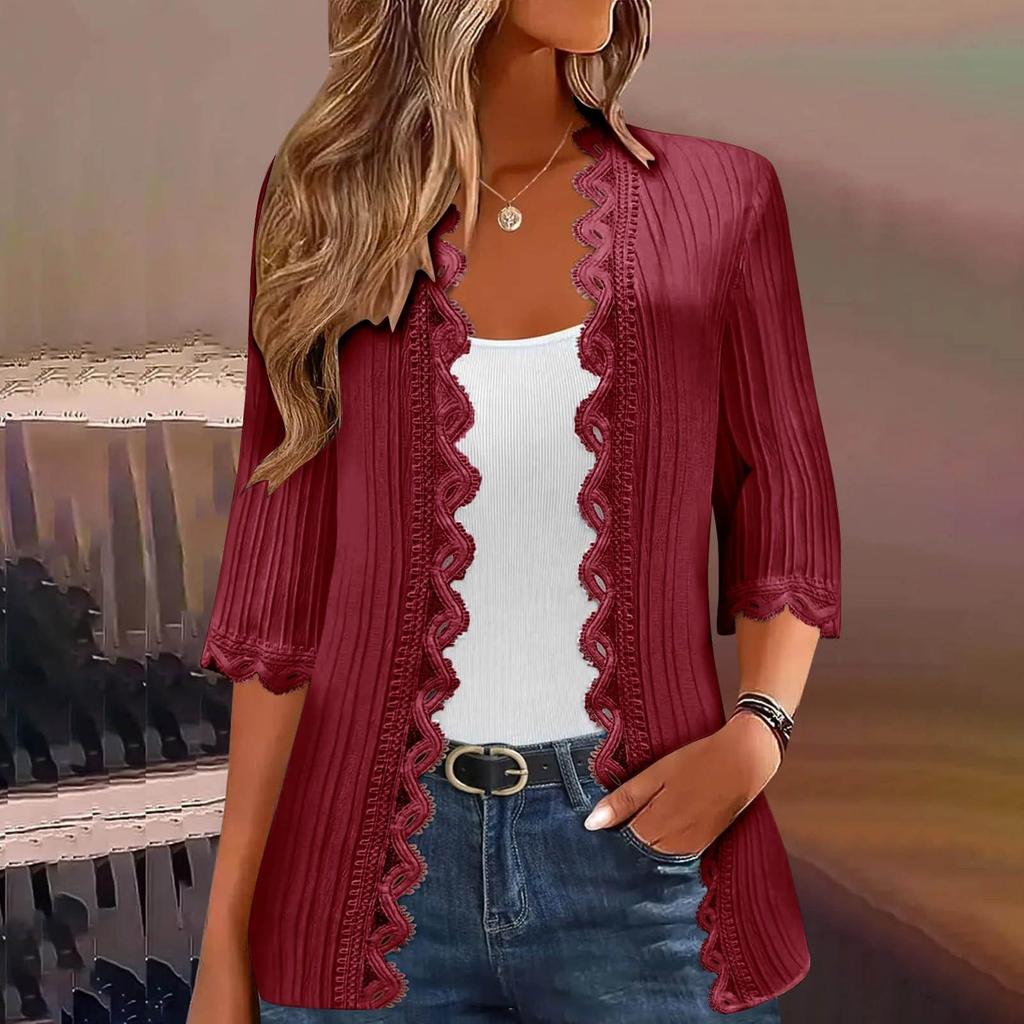 Women's Fashion Casual Seven Split Sleeve Solid Color Lace Cardigan Jacket