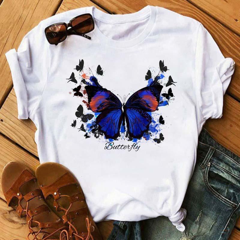 Summer Butterfly Print Plus Size Loose Round Neck Pure Cotton Short Sleeved Top T-Shirts Women’s Tees
