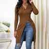 Women Spring Fall Top Zipper V Neck Long Sleeve High Split Hem Mid Length Elastic Lace Up Waist Strap Solid Color Lady Long Blouse