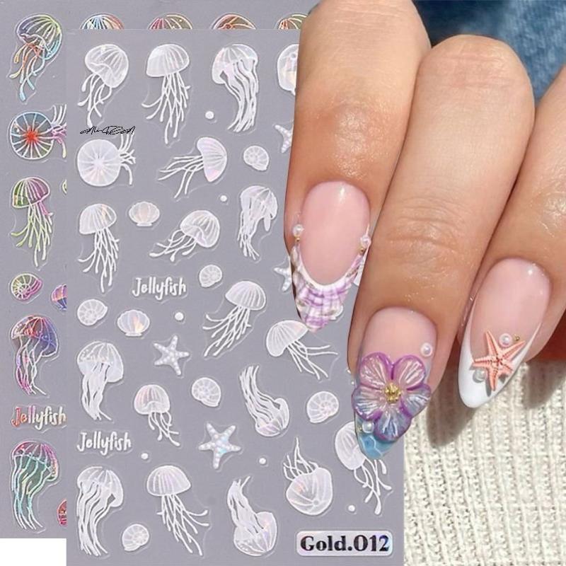 Summer Beach Jellyfish Nail Stickers Colorful Shell Starfish Conch Fish Adhesive Embossed Decals Manicure Foils for Decor