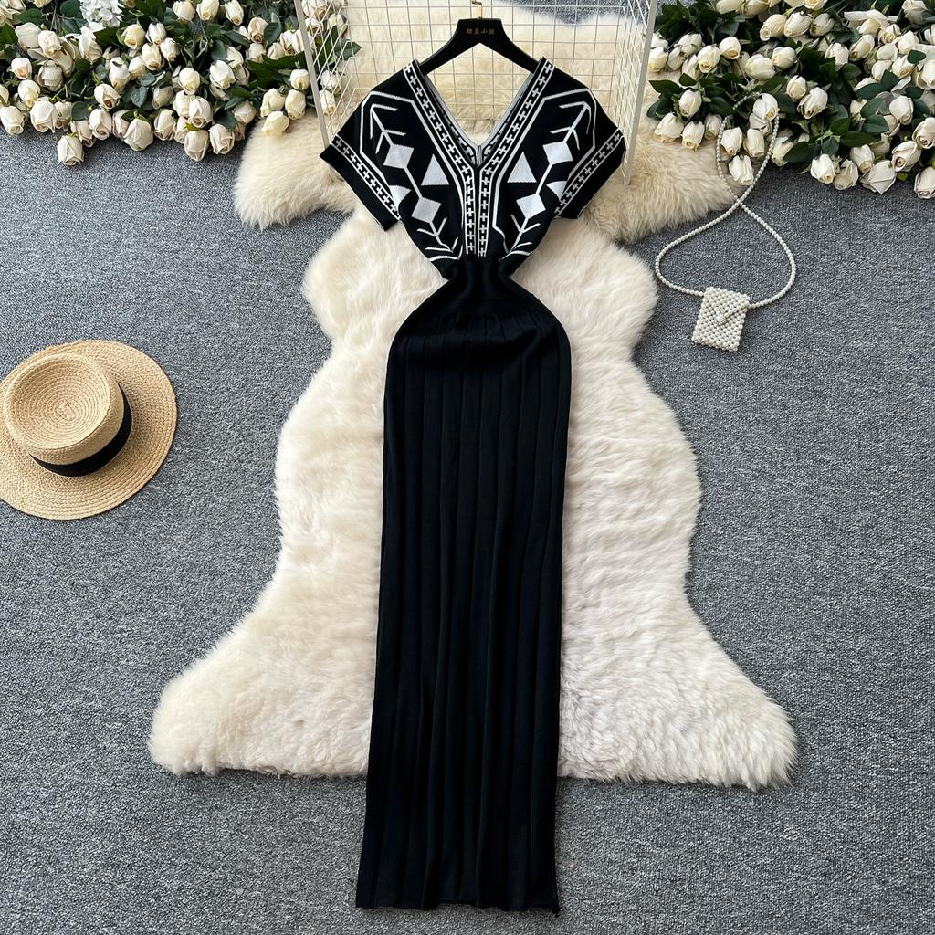 Summer Women Vintage Print V-neck Knitted Sweater Long Maxi Sheath Pullover Dresses
