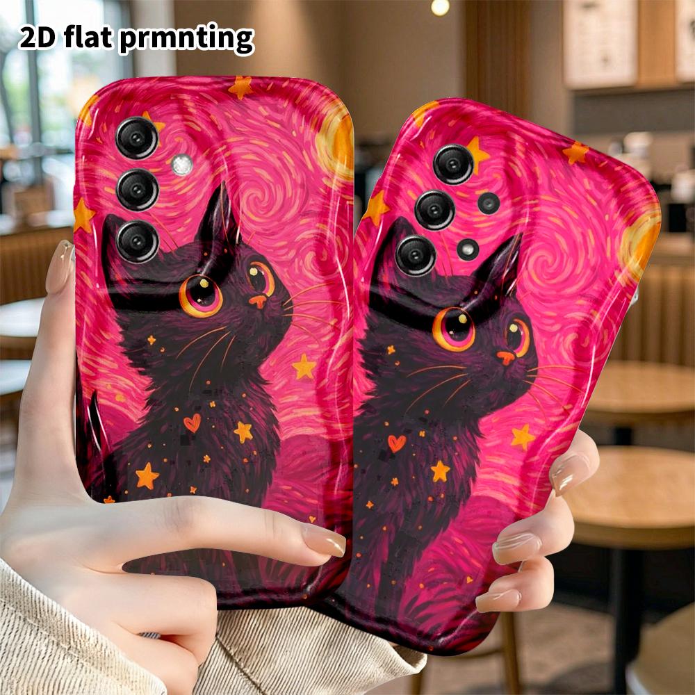 Phone Case: 2D Flat Samsung Galaxy A34 A35 S20 S22 S21 FE Plus Ultra Protective Case, Starry Sky Style with Little Black Cat, Christmas and Halloween
