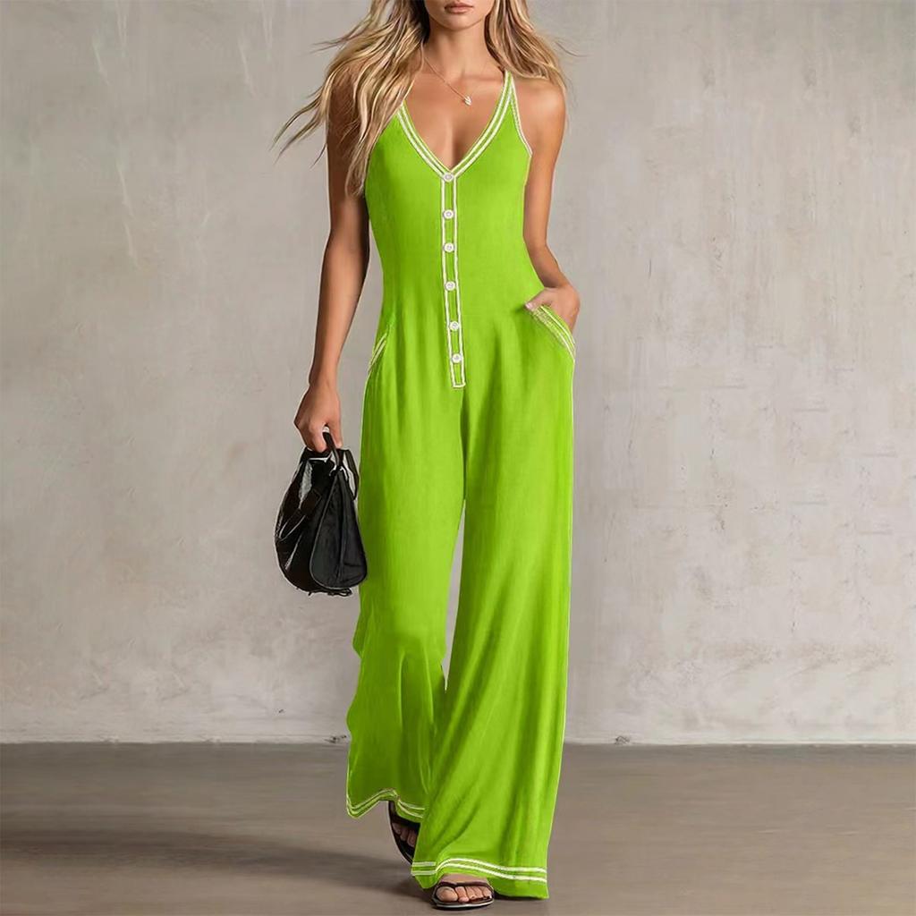 Damen ärmelloser Jumpsuit V-Ausschnitt Knopfleiste Weites Bein Tasche Lässiger Einteiler Romper