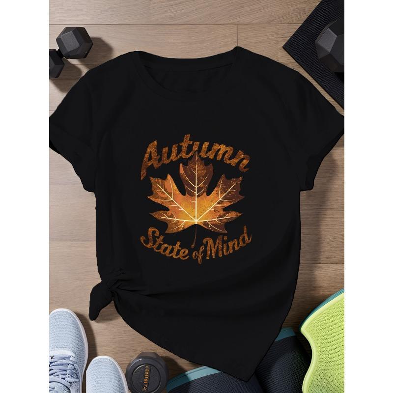 

European Size autumn maple leaf Women s Plus Size Sports Short Sleeve T-Shirt 4XL чорний