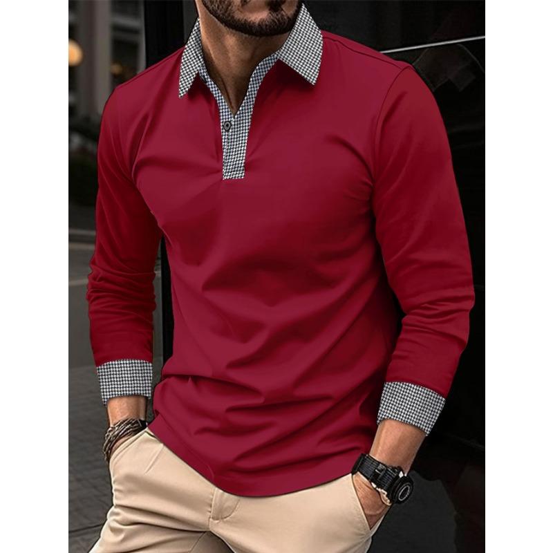 Men's Beige Long Sleeve Polo Shirt With Checkered Collar And Cuffs