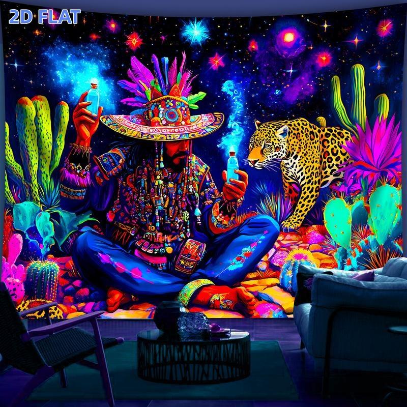 2D Flat, 1pc UV Tapestry Suitable for - Glow Under Blacklight UV Light, Fluorescent Wall Hanging with Cheetah & for Man, UV Reactive Suitable for Part
