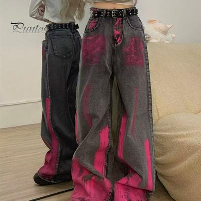 Women Jeans Vintage Pink Graffiti Wide Leg Loose Contrast Color Denim Pants Zipper Button Closure Hip Hop Streetwear Straight Trousers